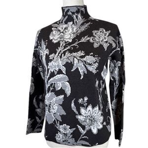 Cynthia Rowley Mock Neck Sweater Black Gray Floral Print Oversized XS
